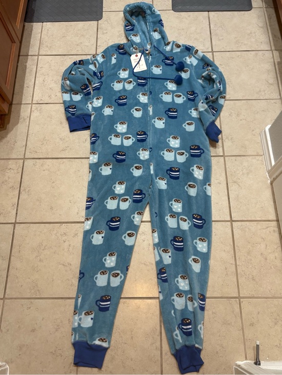 munki munki Other - Munki Munki Ladies Plush Hooded One Piece Onesie Pajamas Blue Coffee Cup NWT